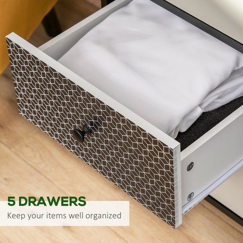 A sleek white homcom drawer dresser with black and white geometric front and matte black knob for living room storage