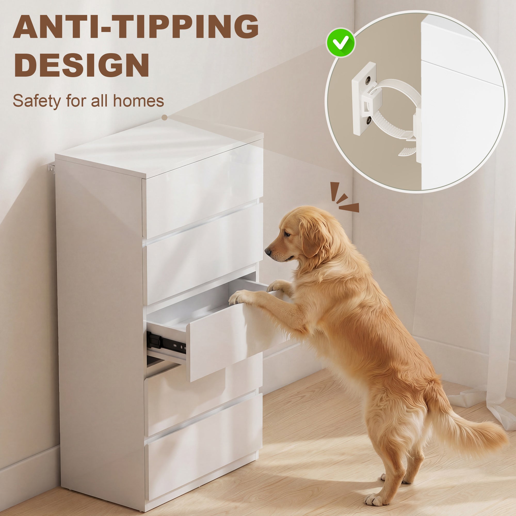 Homcom chest of drawers with five drawers white particle board storage unit with glossy finish and anti tipping design