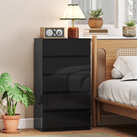 Black glossy homcom chest of drawers with handle-less design made of particle board for modern bedroom storage