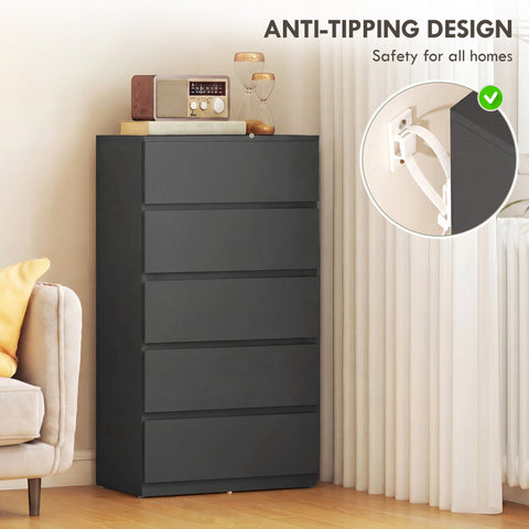 Black homcom chest with five drawers handle-less design and anti-tipping safety feature for bedroom storage