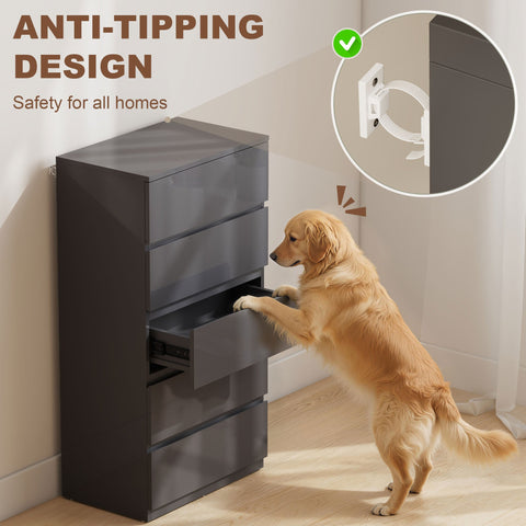 Homcom chest dark gray glossy five drawer storage cabinet made of particle board with anti tipping design for bedroom