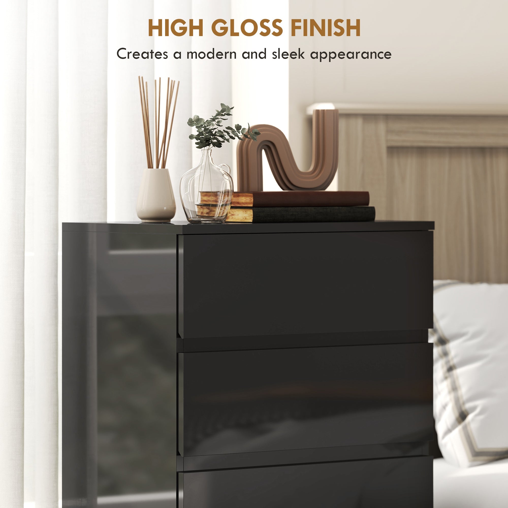 Homcom chest black high-gloss finish nightstand with handle-less design three drawers made of particle board for bedroom