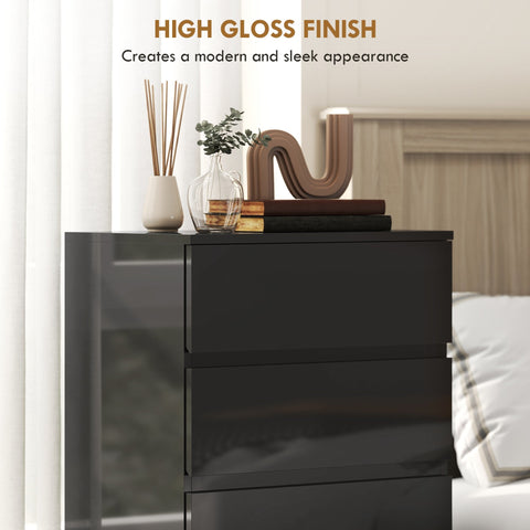 Homcom chest black high-gloss finish nightstand with handle-less design three drawers made of particle board for bedroom
