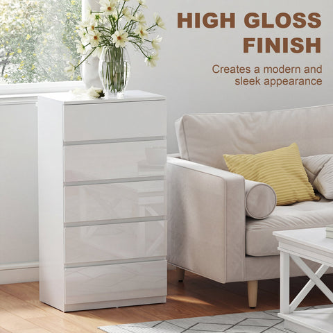 Homcom chest of drawers with five drawers in white high gloss featuring a sleek handle-less design for bedroom storage