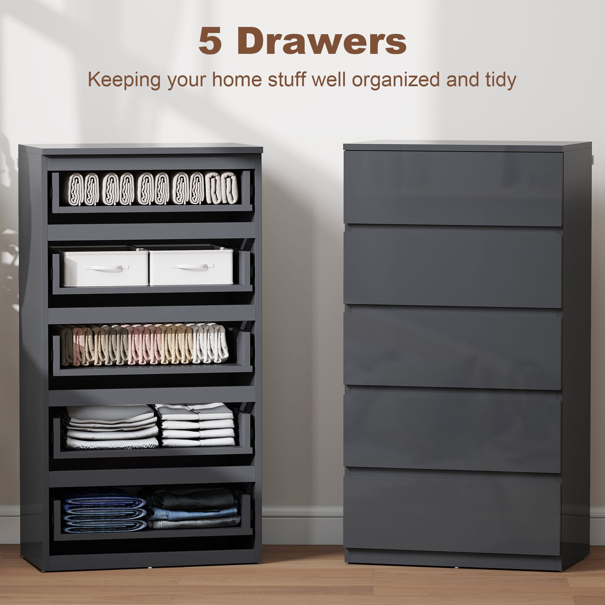 Gray homcom chest of drawers with five drawers made of particle board and a sleek modern glossy finish for bedroom storage