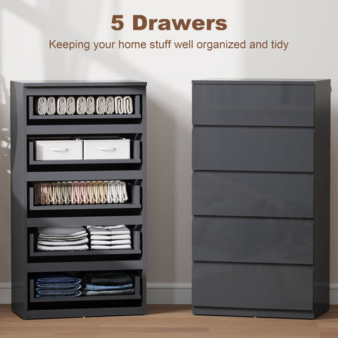 Gray homcom chest of drawers with five drawers made of particle board and a sleek modern glossy finish for bedroom storage