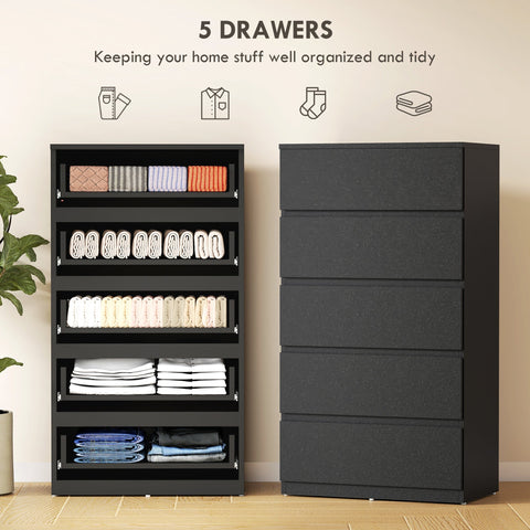 Black metal homcom chest with five drawers and handle-less design for sleek modern bedroom storage