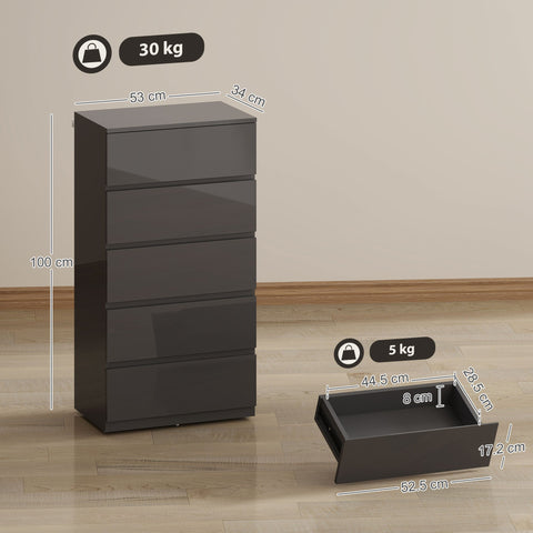 Homcom chest of drawers in black glossy finish with five drawers and handle-less design for bedroom storage