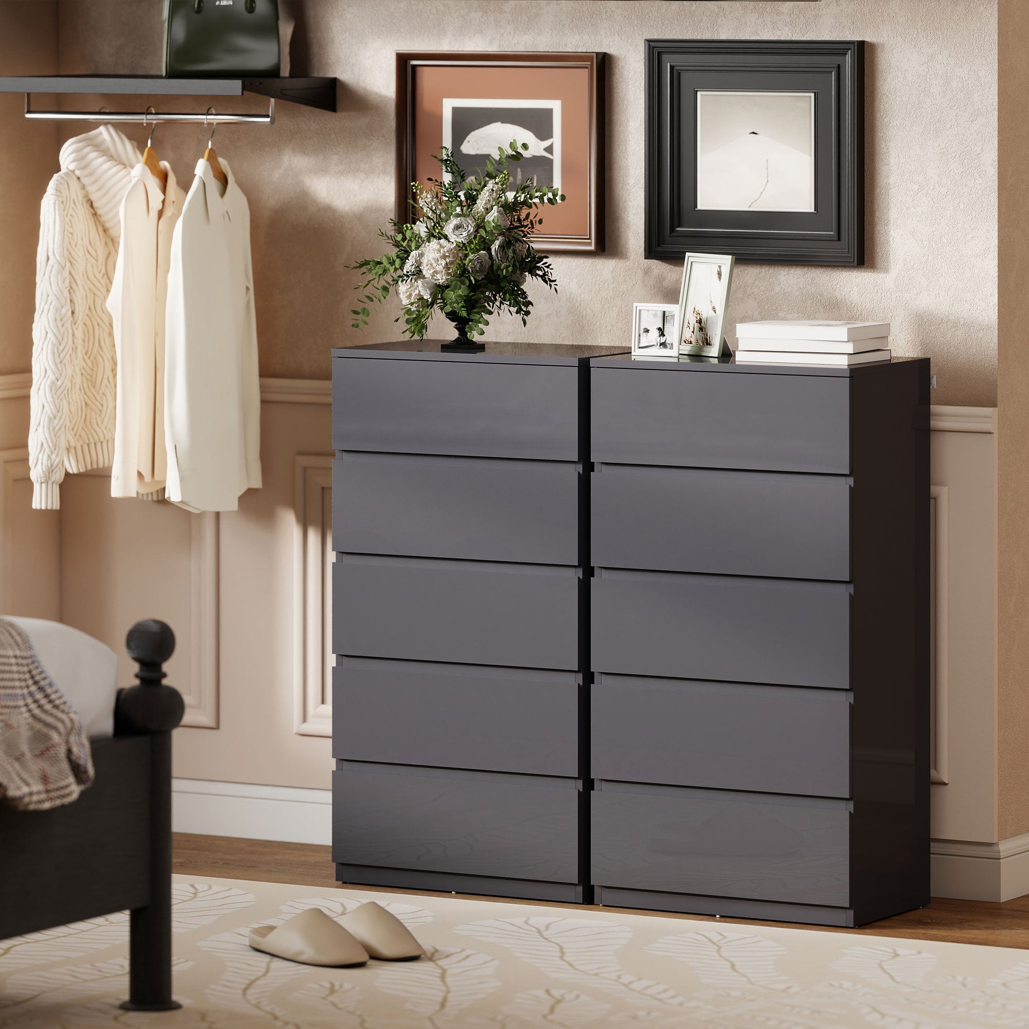 Modern gray homcom chest with five drawers and handle-less design perfect for sleek bedroom storage