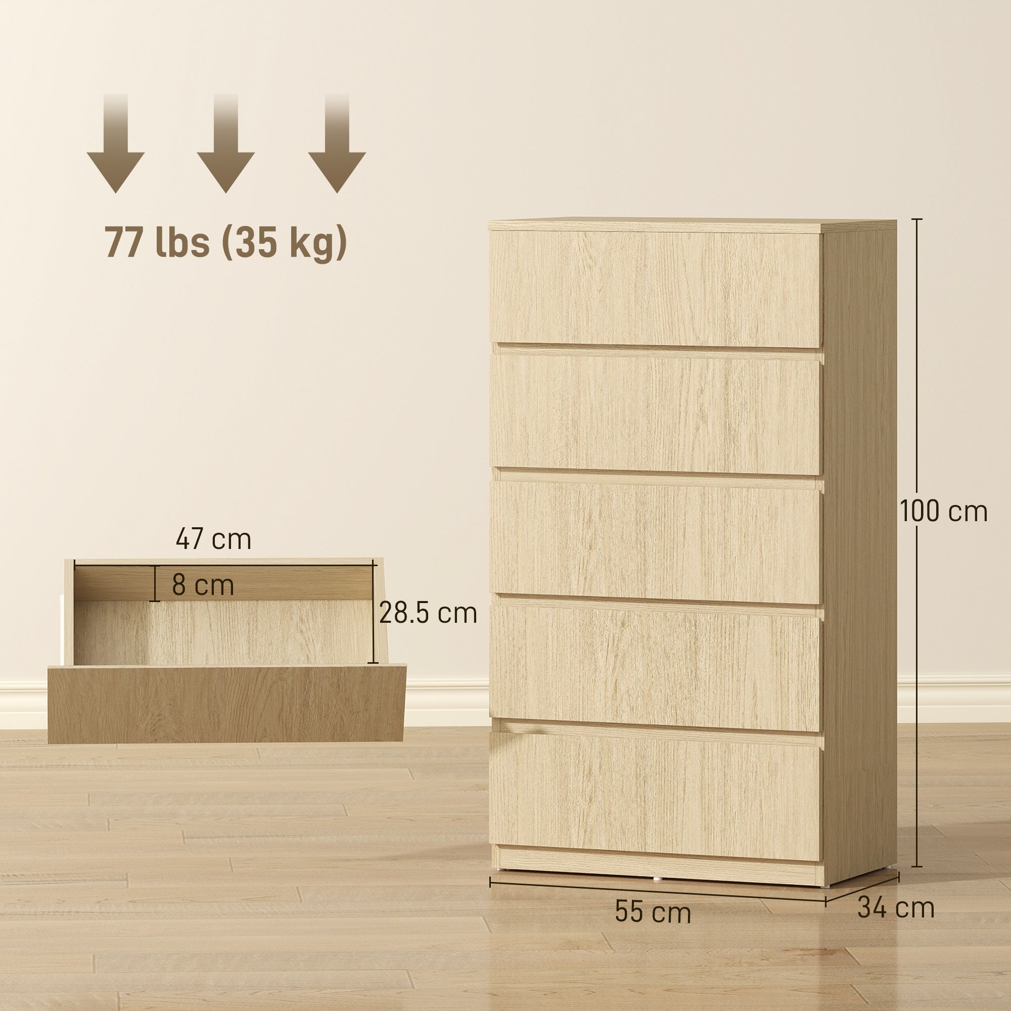 Beige wood-grain homcom chest with five drawers and handle-less design perfect for modern bedroom storage