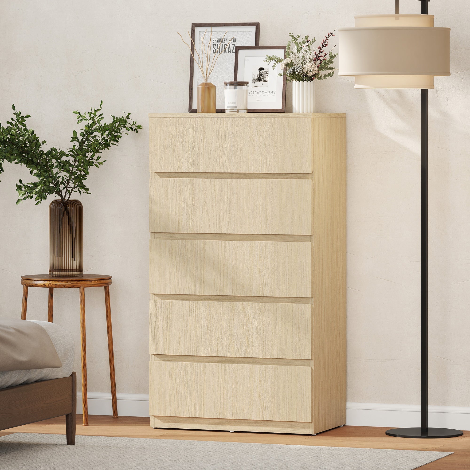 Beige wood-grain homcom chest with five drawers and handle-less design for sleek modern bedroom storage