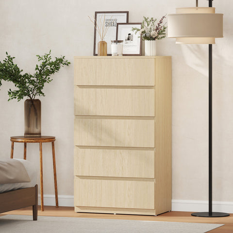 Beige wood-grain homcom chest with five drawers and handle-less design for sleek modern bedroom storage