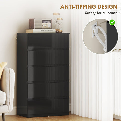 Black glossy homcom chest with five handle-less drawers made of particle board featuring anti-tipping design