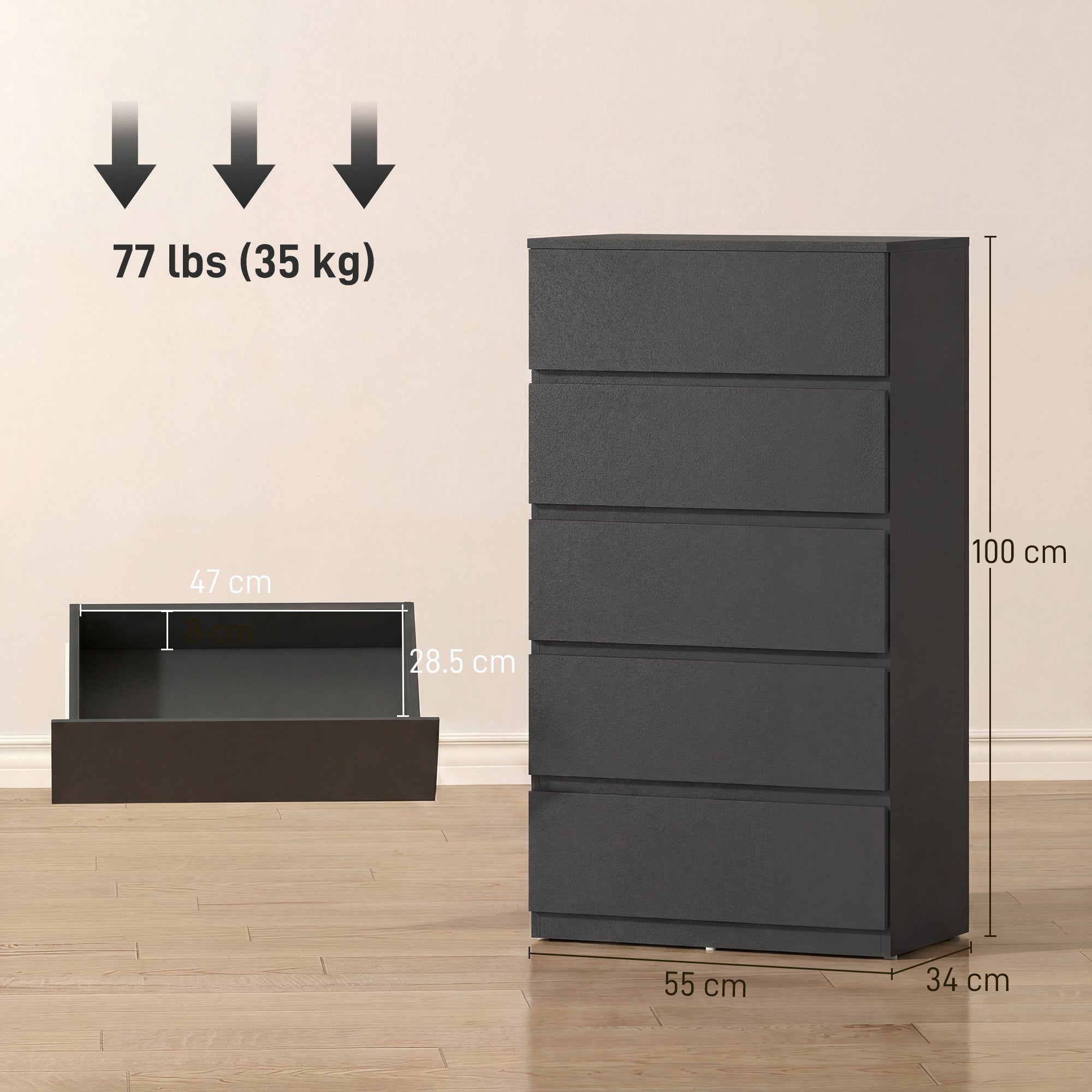 Homcom chest of drawers with five drawers modern black particle board dresser for bedroom storage