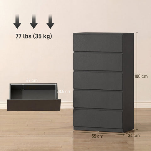 Homcom chest of drawers with five drawers modern black particle board dresser for bedroom storage