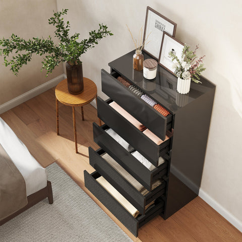 Black glossy homcom chest of drawers with handle-less design particle board and visible storage compartments