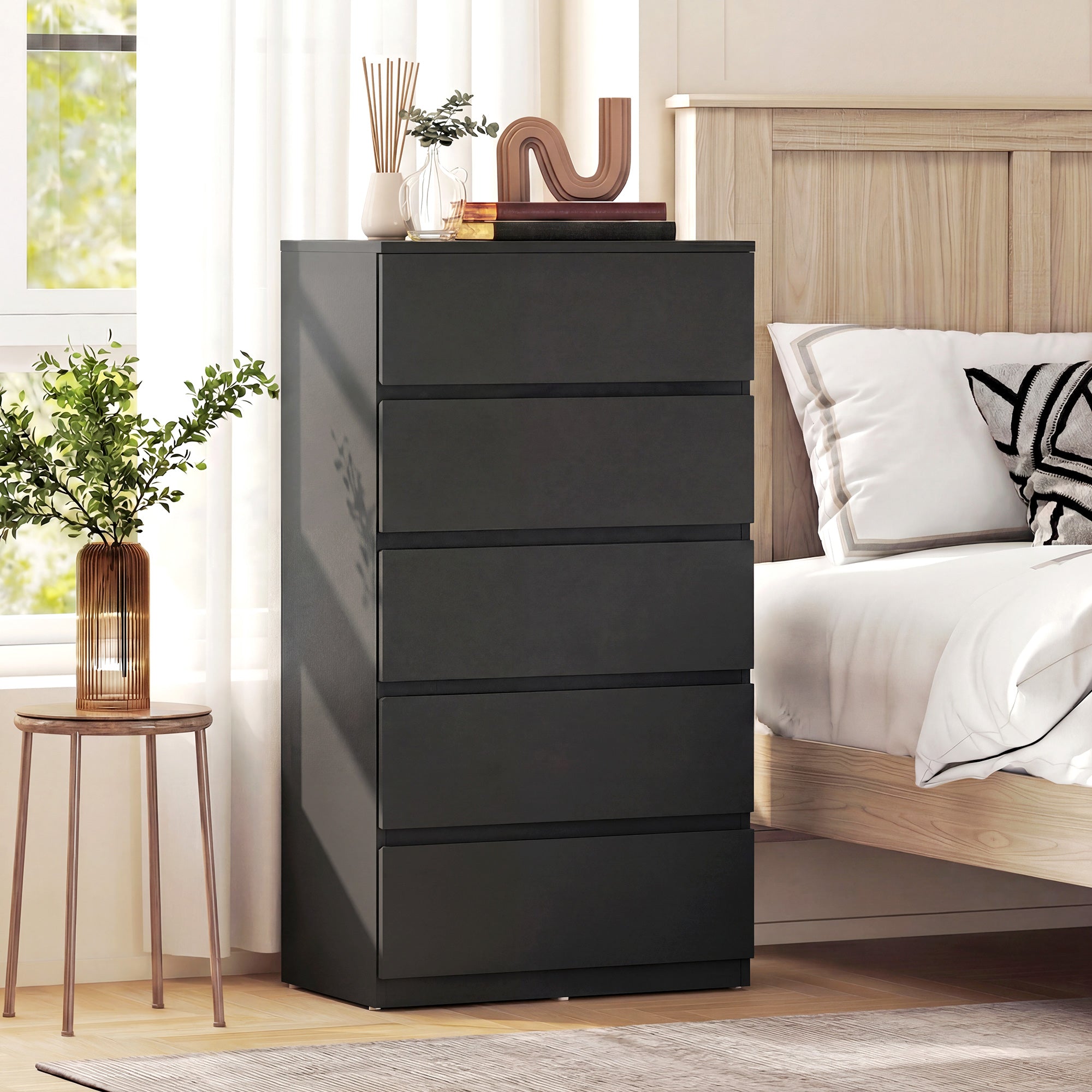 Black homcom chest of drawers with five drawers made of particle board and a sleek matte finish for bedroom storage