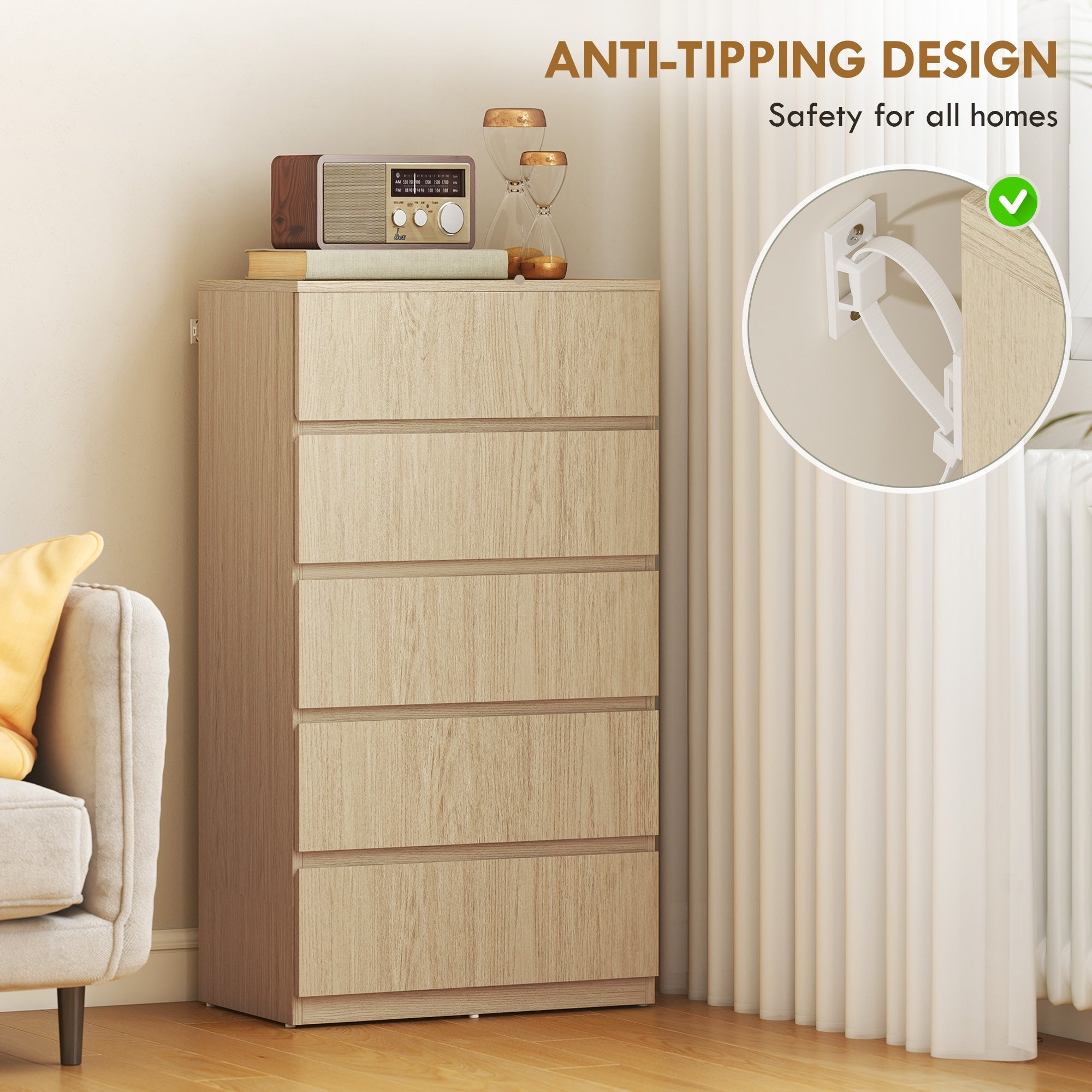 Beige wood-grain homcom chest with five drawers and handle-less design featuring anti-tip safety bracket for bedroom use