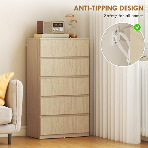 Beige wood-grain homcom chest with five drawers and handle-less design featuring anti-tip safety bracket for bedroom use