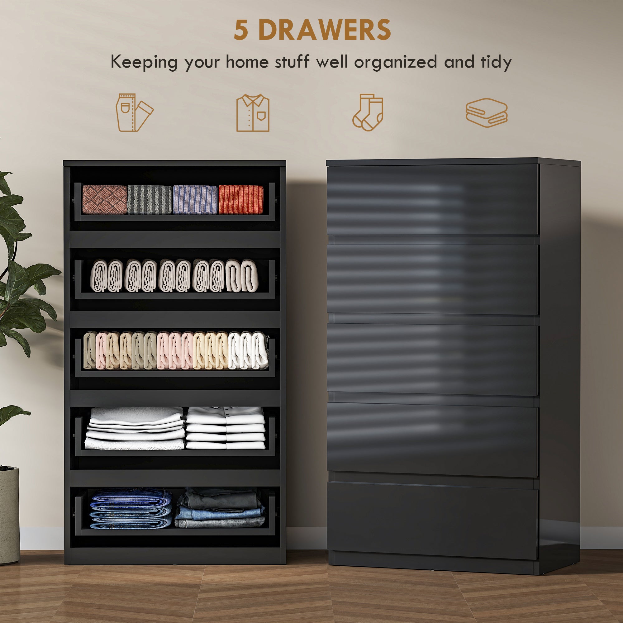 Black homcom chest of drawers with glossy particle board finish handle-less design for modern bedroom storage