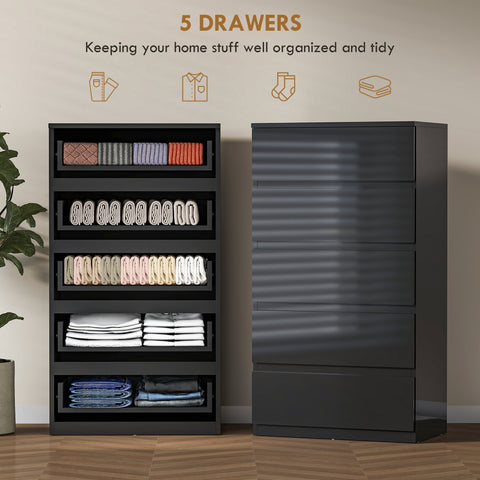 Black homcom chest of drawers with glossy particle board finish handle-less design for modern bedroom storage