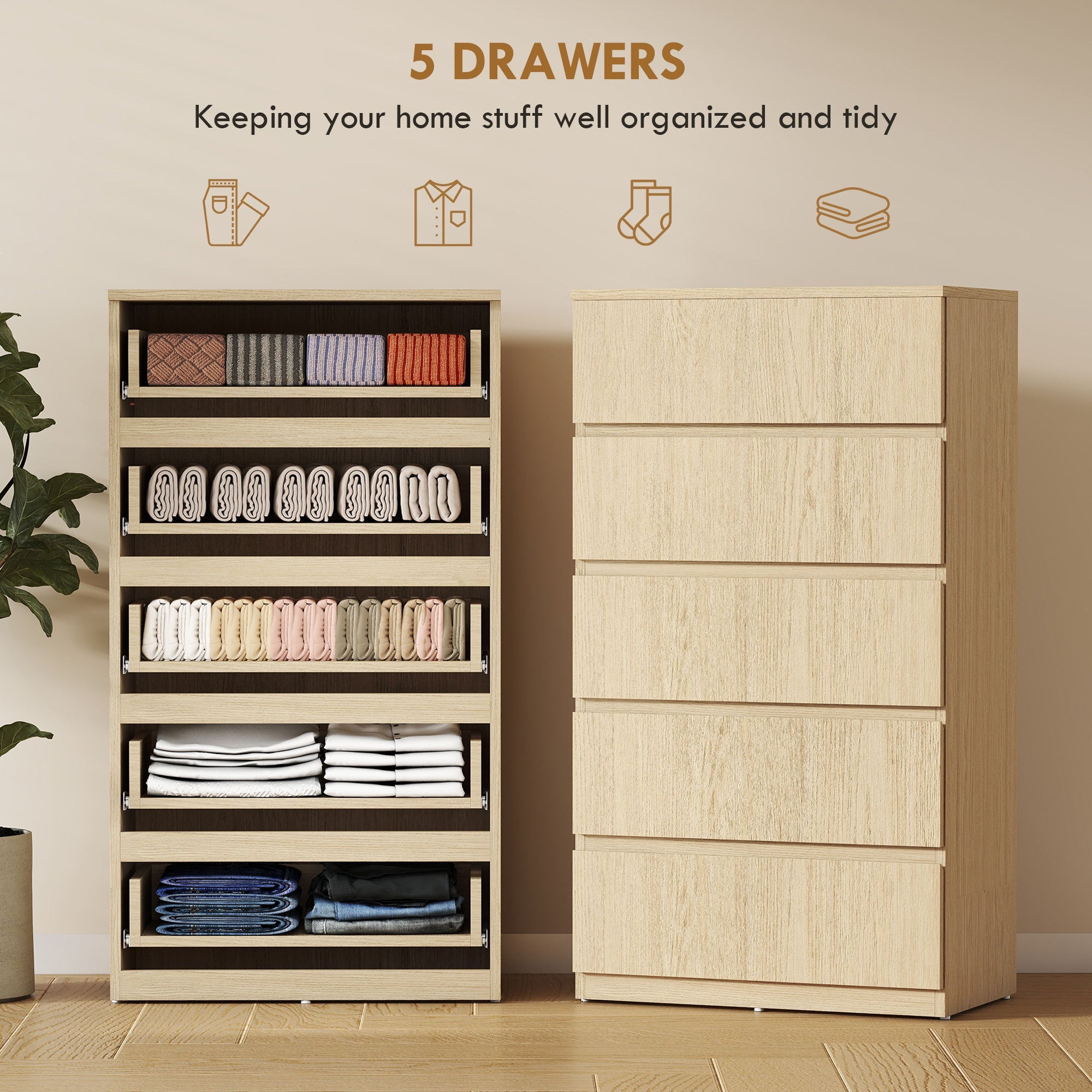 Beige wood-grain homcom chest with five drawers and handle-less design for modern bedroom storage