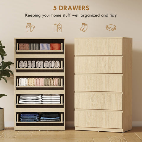 Beige wood-grain homcom chest with five drawers and handle-less design for modern bedroom storage