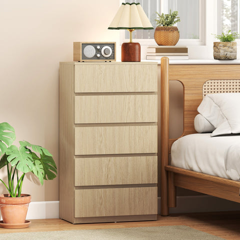 Beige wood-grain homcom chest with five drawers and handle-less design for modern bedroom storage