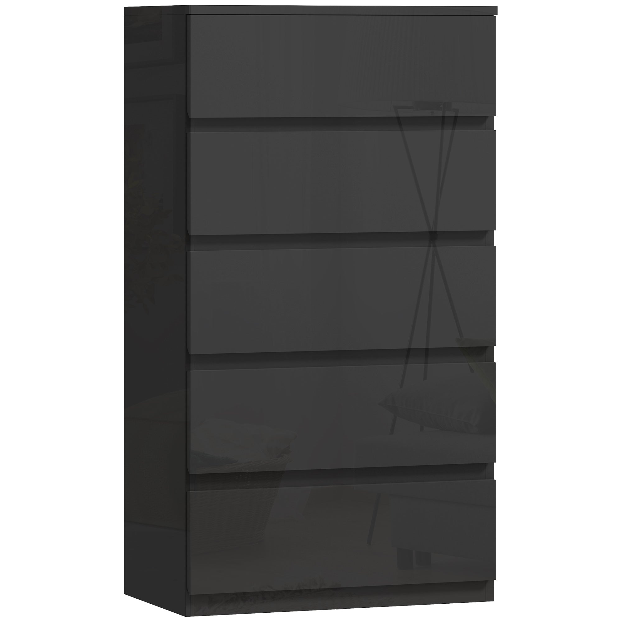 Homcom chest of drawers with handle-less design five black glossy drawers made of particle board for bedroom storage