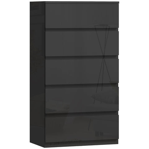 Homcom chest of drawers with handle-less design five black glossy drawers made of particle board for bedroom storage