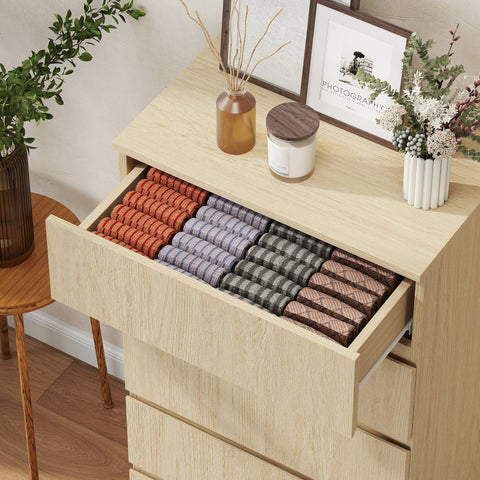 Organized drawer of colorful socks in homcom chest with five drawers made of durable particle board for bedroom storage