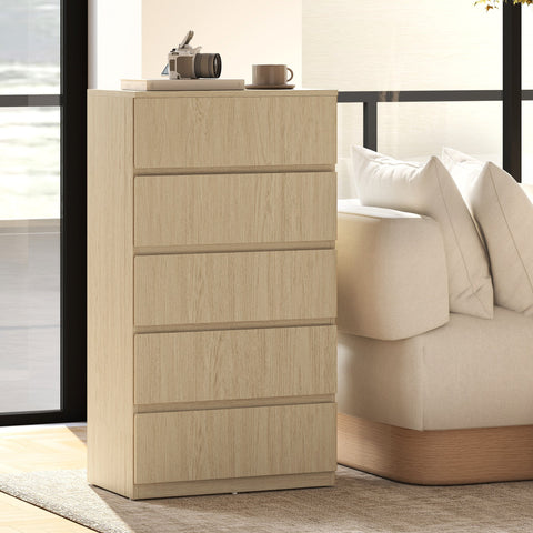 Beige wood-grain homcom chest with five drawers and handle-less design for sleek bedroom storage