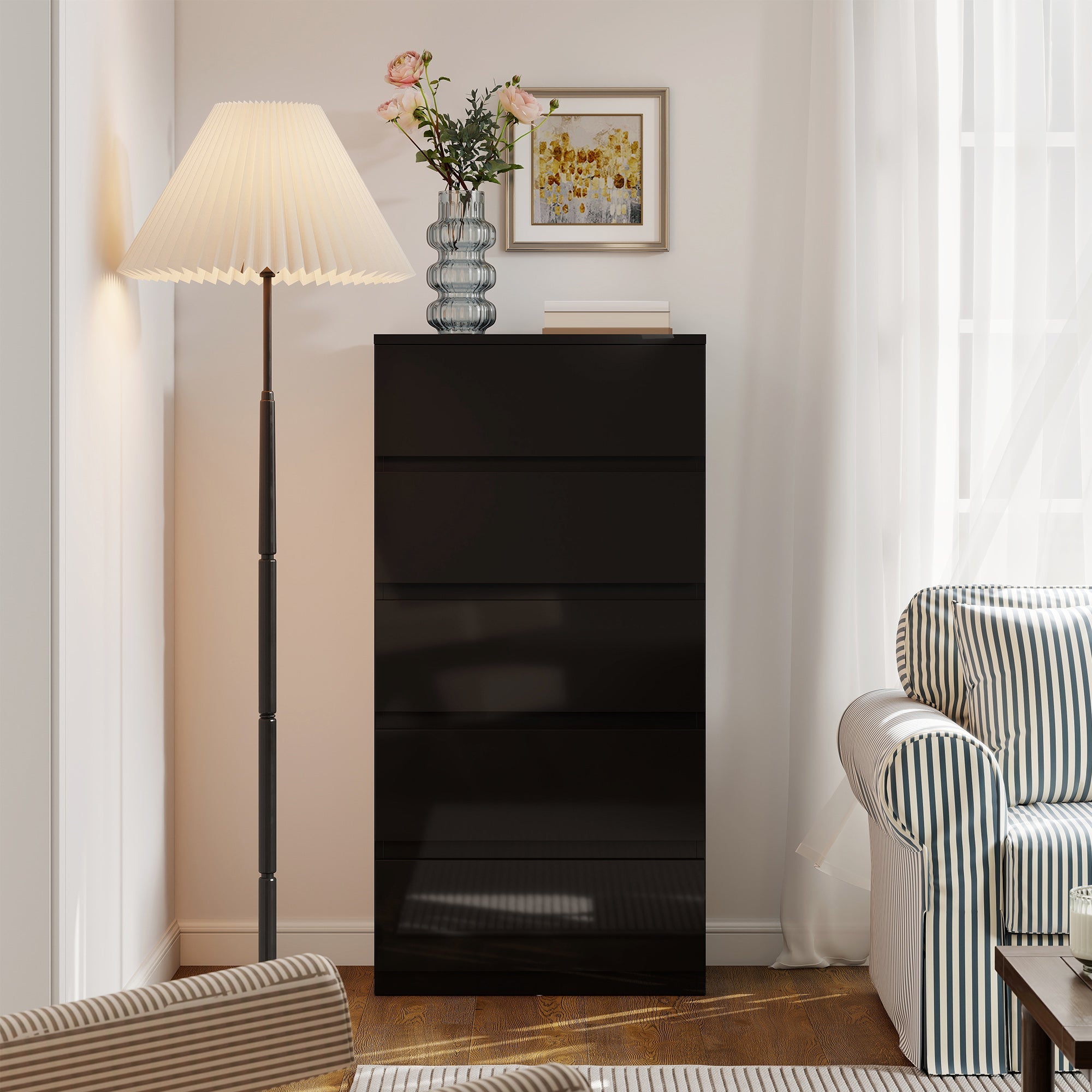 Black glossy homcom chest with five drawers handle-less design made of particle board for modern bedroom storage