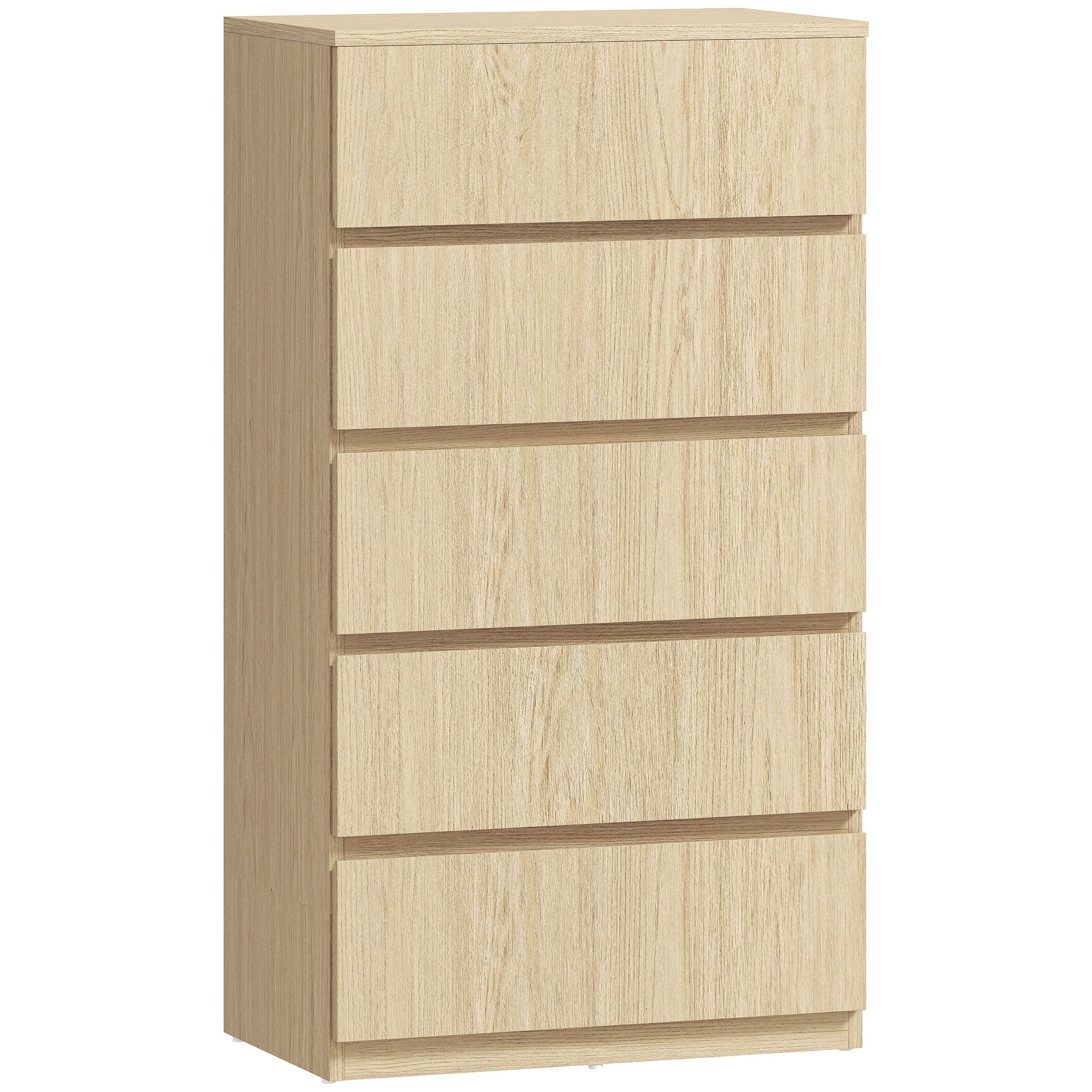 Beige wood-grain finish homcom chest with five drawers made of particle board for bedroom storage