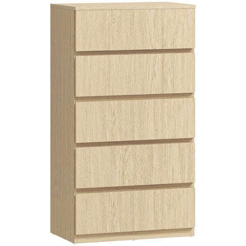 Beige wood-grain finish homcom chest with five drawers made of particle board for bedroom storage