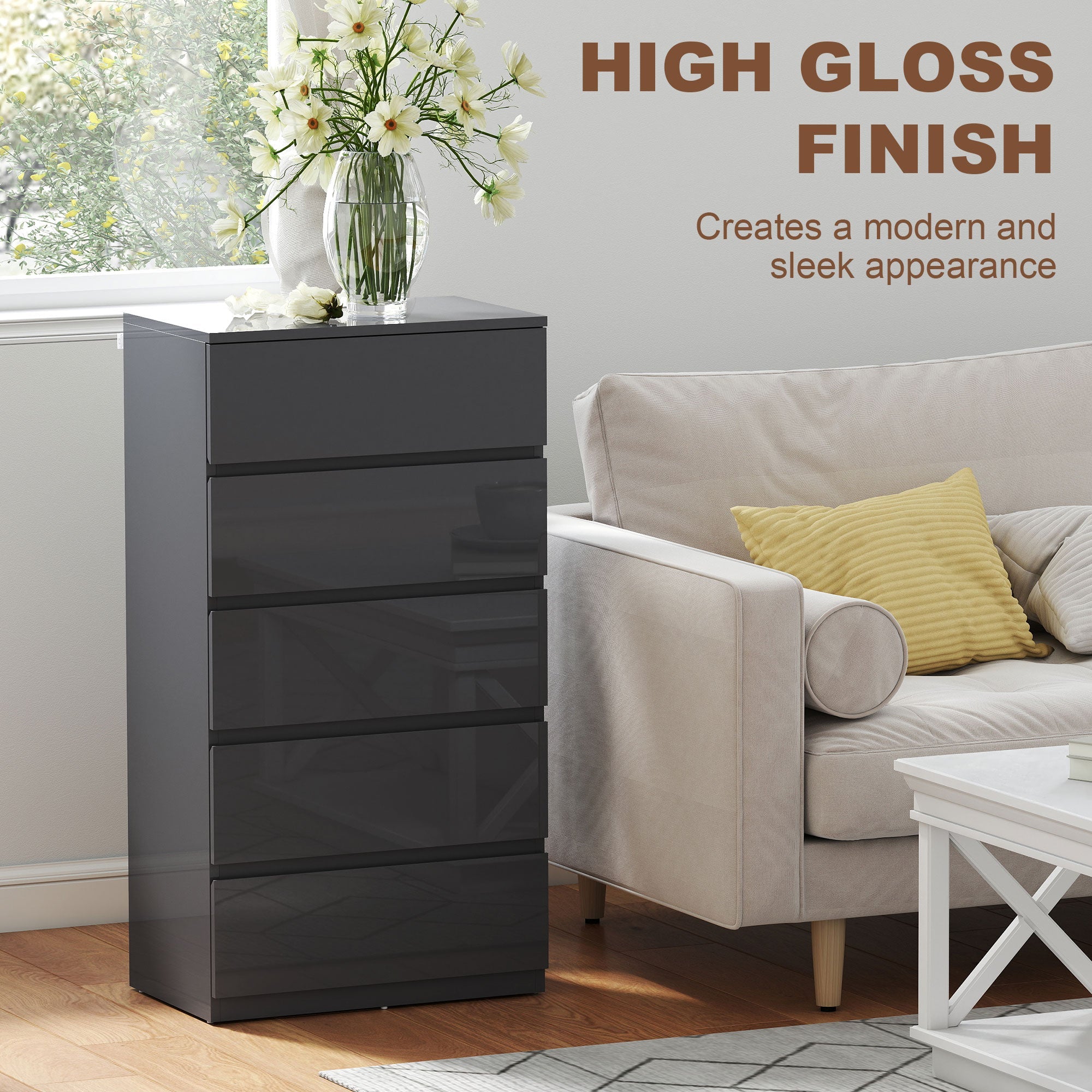 Homcom chest with five drawers in black high gloss finish featuring a modern handle-less design for bedroom storage