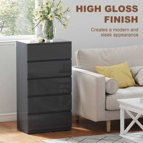 Homcom chest with five drawers in black high gloss finish featuring a modern handle-less design for bedroom storage