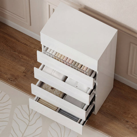 White glossy finish homcom chest with five drawers made of particle board neatly organizing clothes for bedroom storage