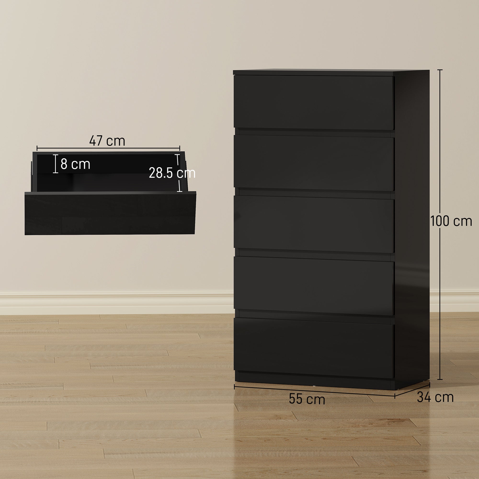 Black homcom chest with handle-less design five drawers made of particle board for modern bedroom storage