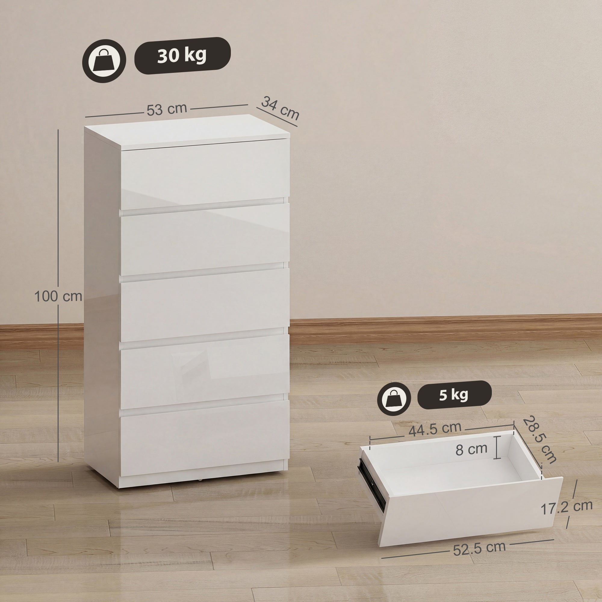 Homcom chest of drawers with five drawers in white particle board modern dresser for bedroom storage