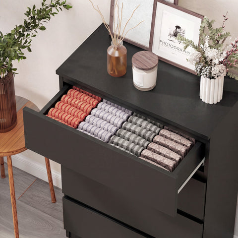 Homcom chest five drawers black particle board dresser drawer neatly filled with red gray and beige socks patterns