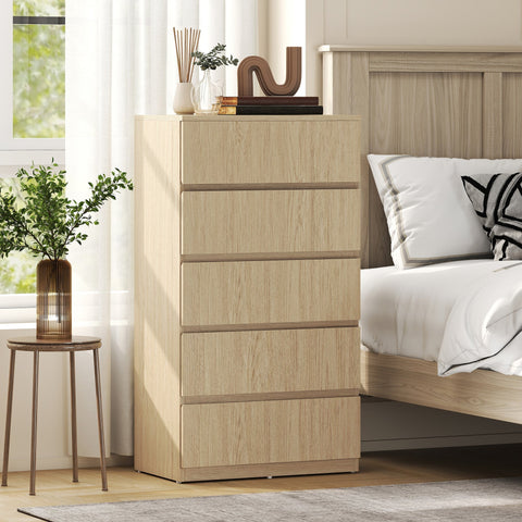 Beige wood-grain homcom chest with five drawers and sleek handle-less design perfect for bedroom storage
