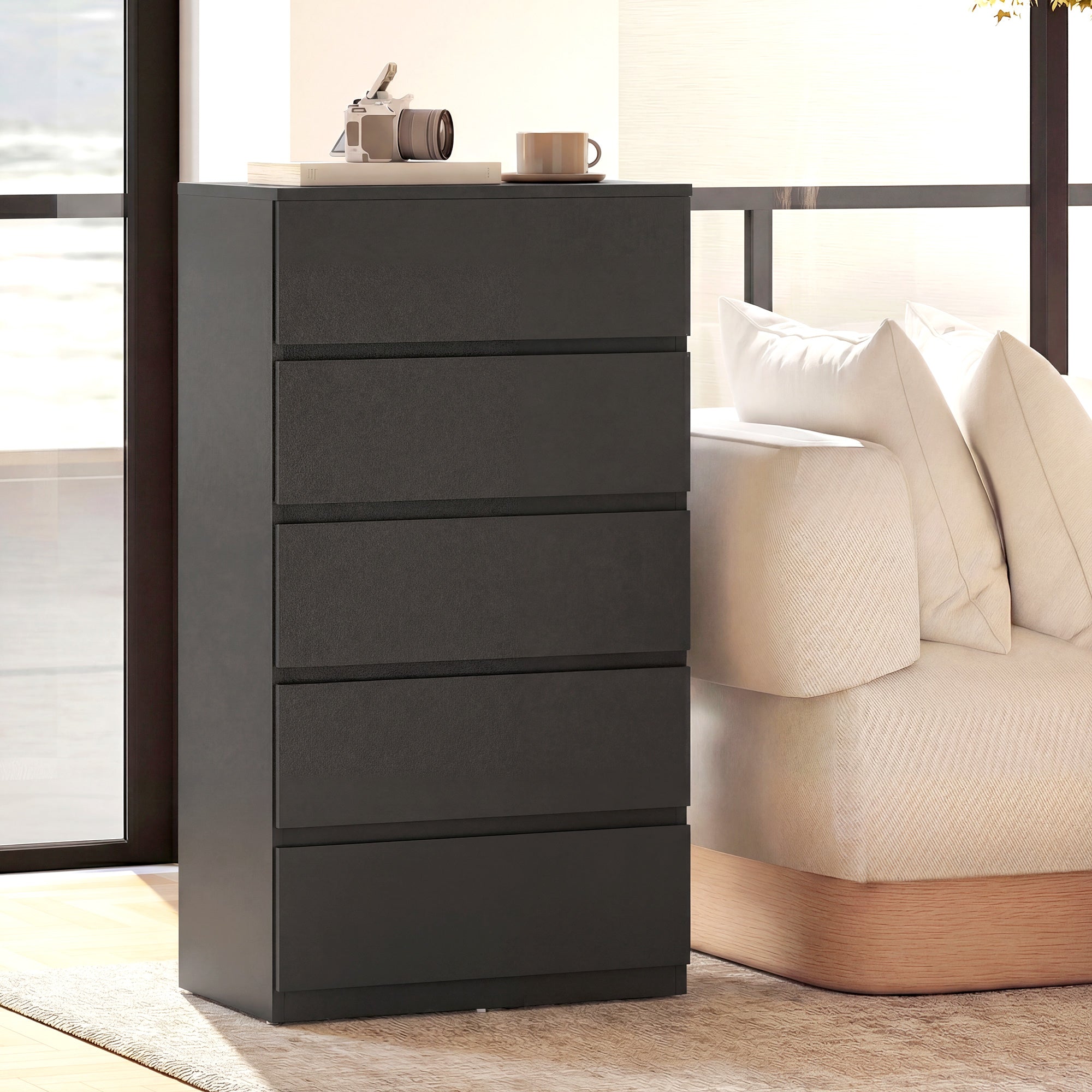 Homcom chest of drawers with five drawers in black matte particle board perfect for bedroom storage
