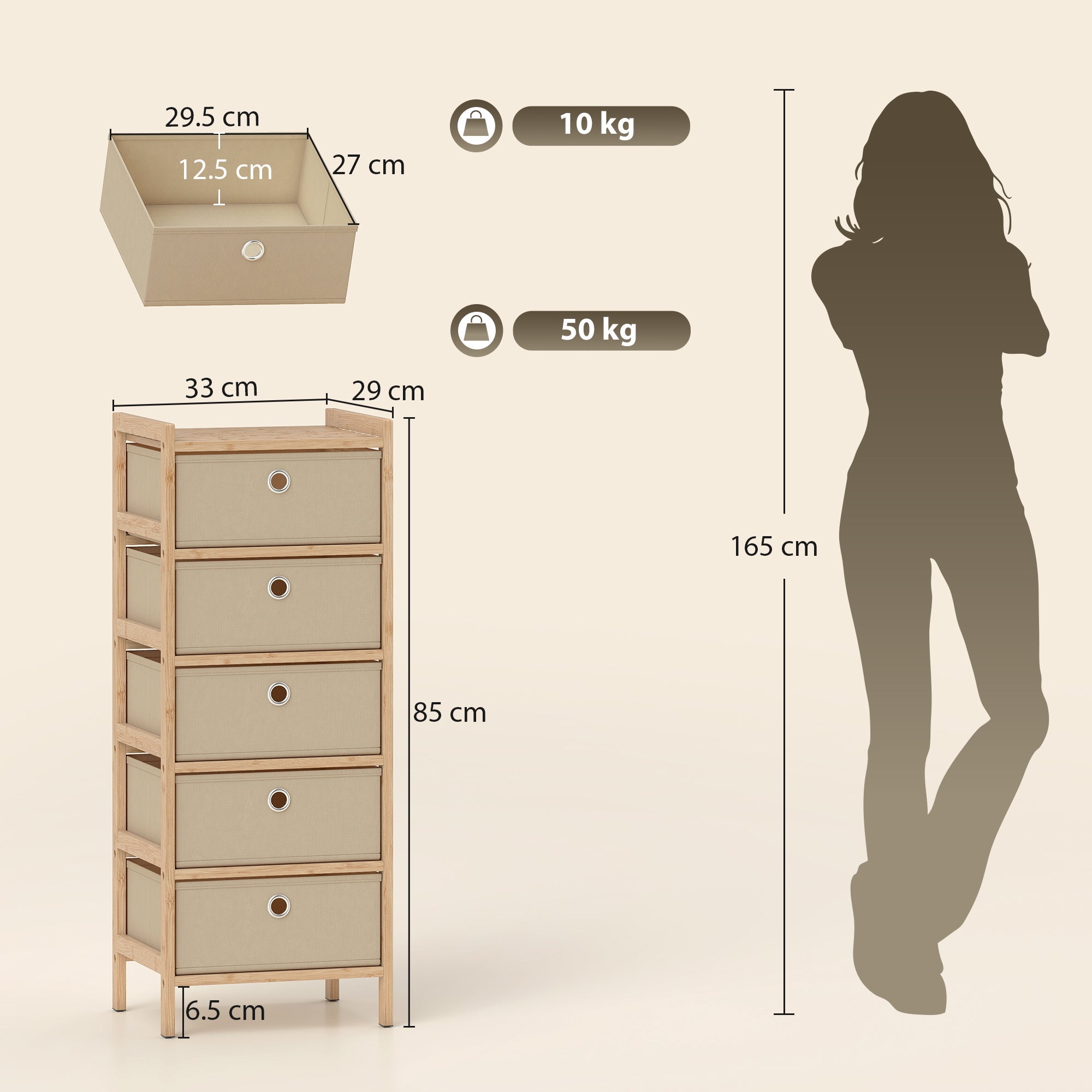 Beige homcom chest of drawers with five fabric drawers bamboo frame and circular metal pulls in cream white