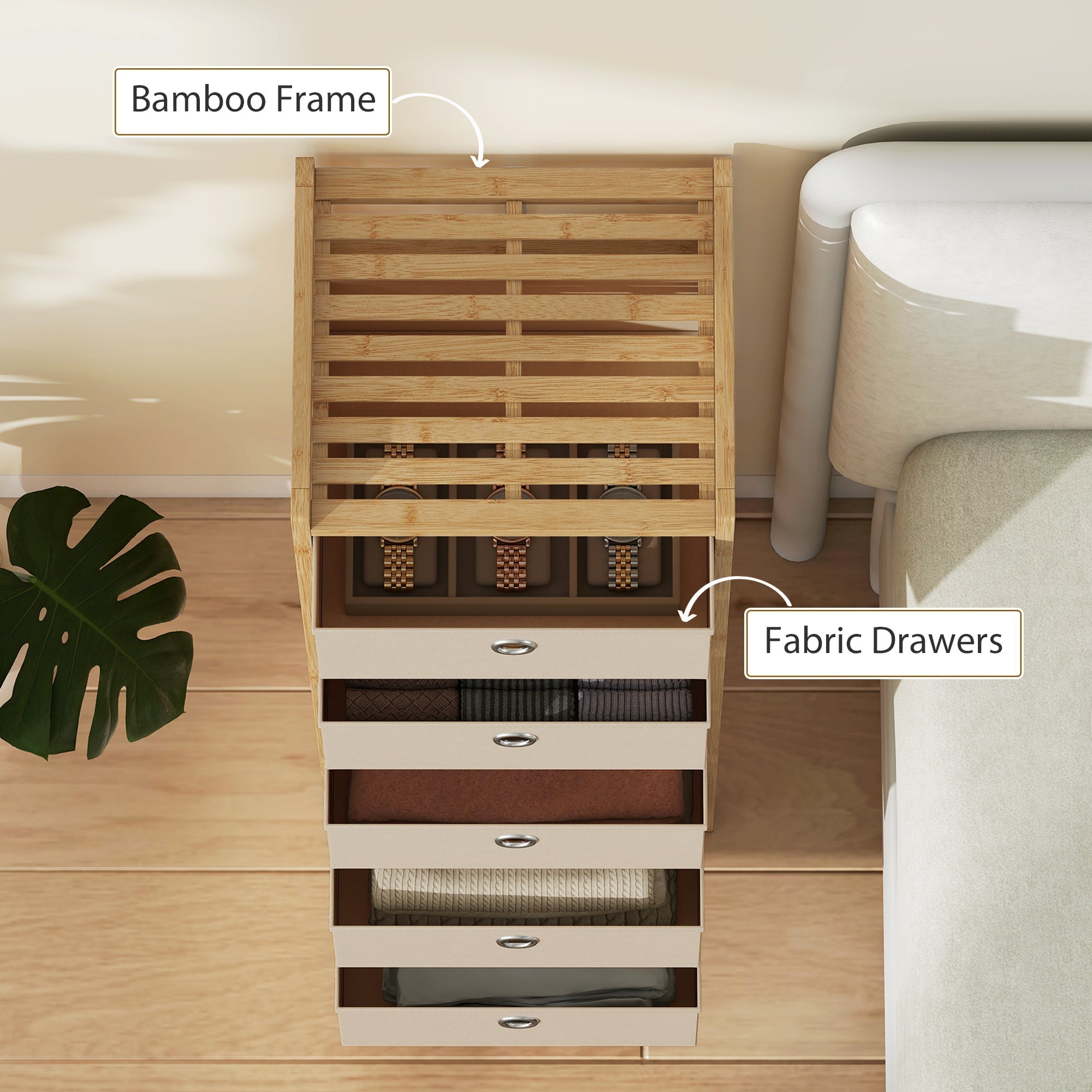 Homcom chest of drawers with bamboo frame and five cream white fabric drawers for organized storage
