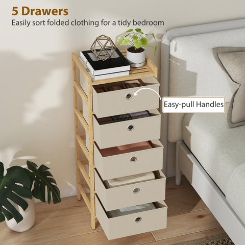Homcom chest of drawers with five fabric drawers and bamboo frame in cream white for organizing folded clothes