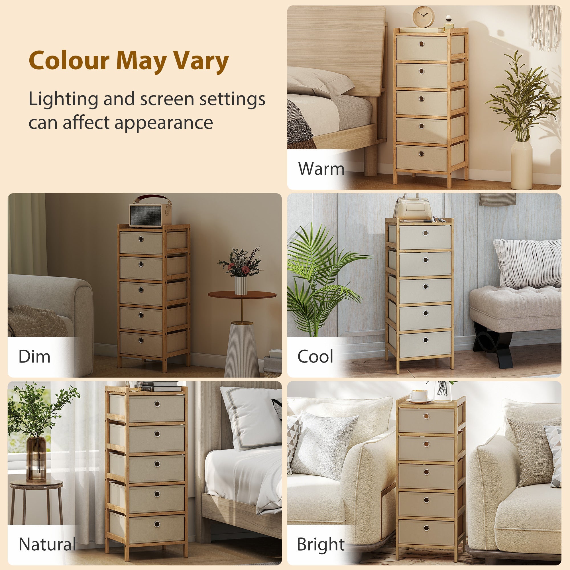 Lightweight wooden dresser with five fabric drawers and round black handles in bamboo frame cream white finish