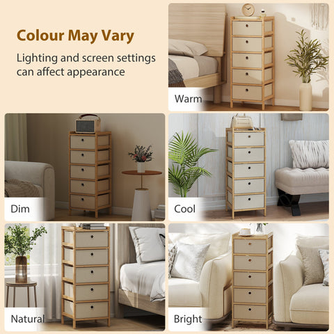 Lightweight wooden dresser with five fabric drawers and round black handles in bamboo frame cream white finish