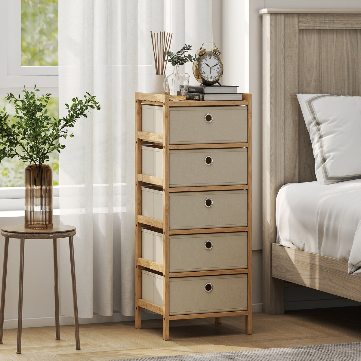 Homcom chest of drawers with five fabric drawers in beige and bamboo frame cream white narrow dresser