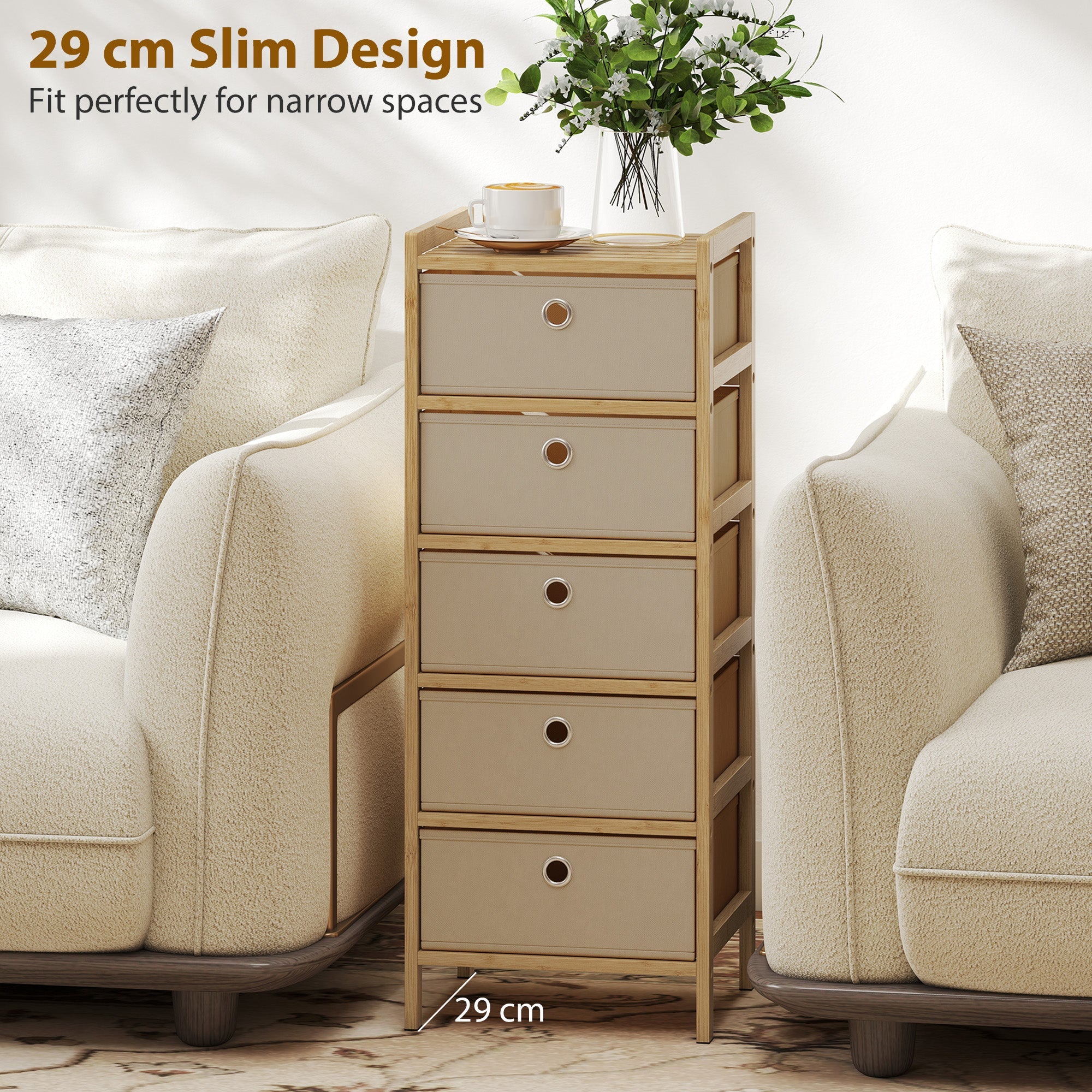 Homcom chest of drawers 29 cm tall narrow dresser with five beige fabric drawers and bamboo frame cream white